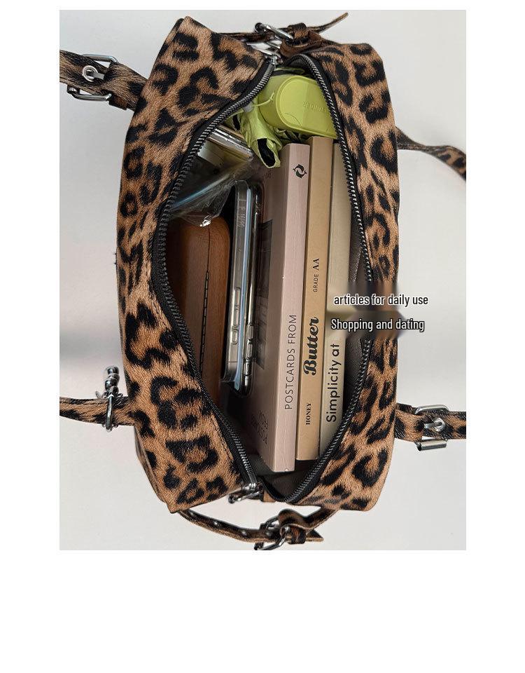 Leopard Print Retro Studded Bowling Bag - Women's 2025 Shoulder Handbag