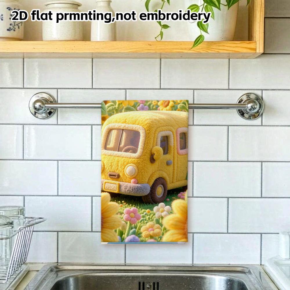 Felt Sunflower Van Towel, Quick Dry Absorbent Towel, Wool Texture Cute Print, Soft Face And Bath Towel