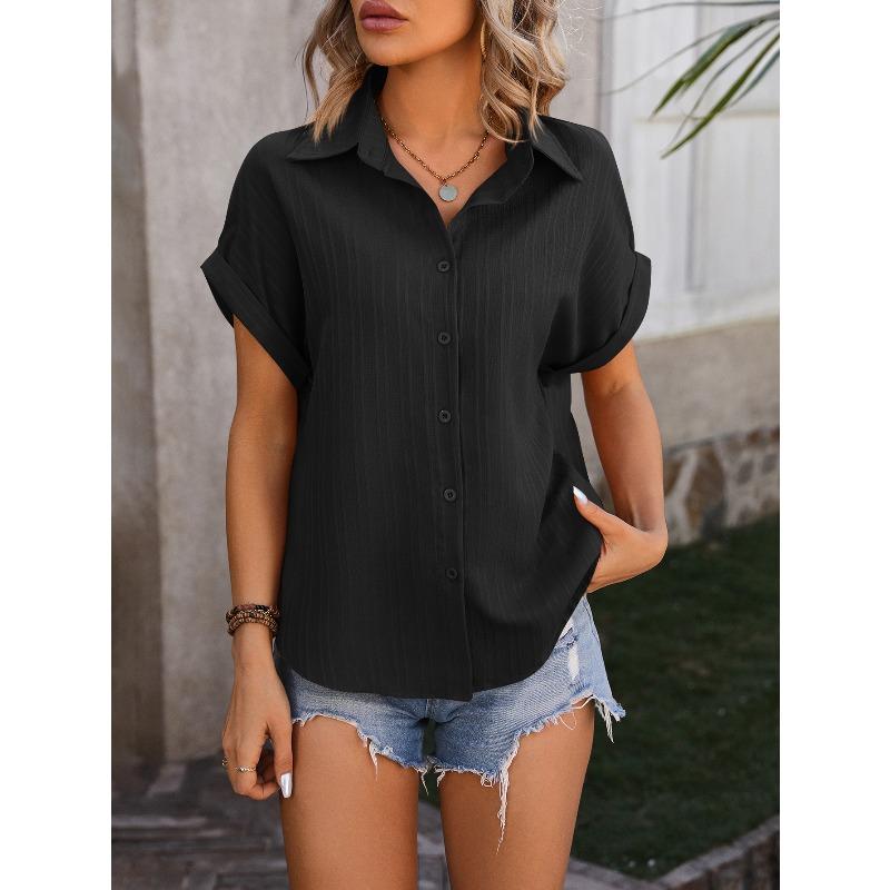 Women's Shirt Summer New Loose Casual Short Sleeve Single Breasted Shirts for Women Fashion Elegant Solid Color Office Ladies Blouses Simple Tops