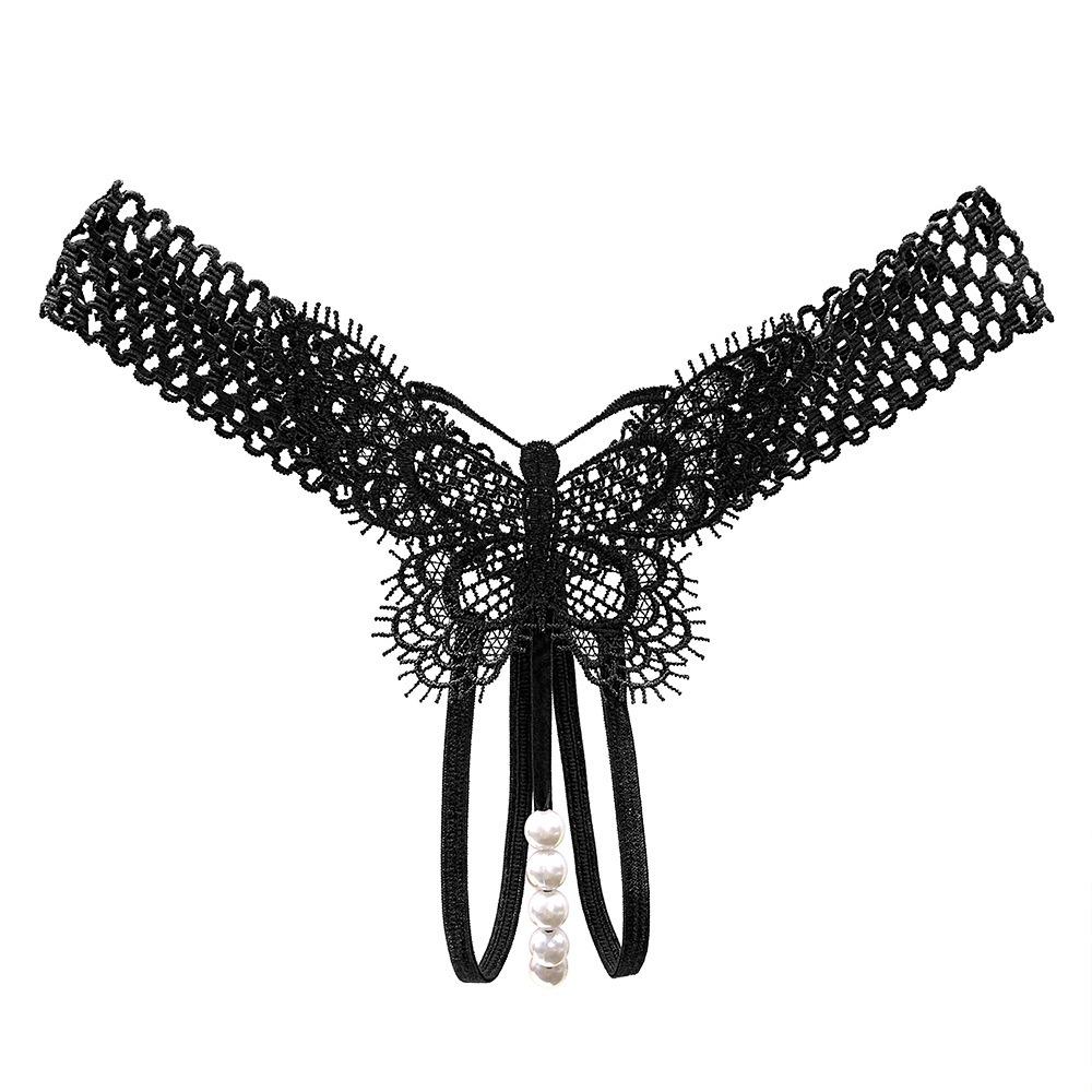 Ecstasy Royal Sister Temptation Hollowed-out Sex Panties Women's Hot Perspective Butterfly Embroidery Flirting Beaded Open Crotch Thong
