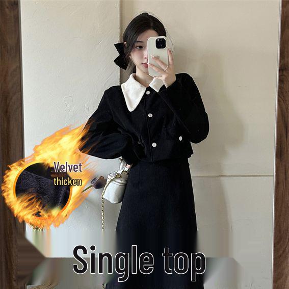 French Chic Corduroy Two-Piece Set: Doll Collar Jacket & Mid-Length Skirt for Autumn/Winter