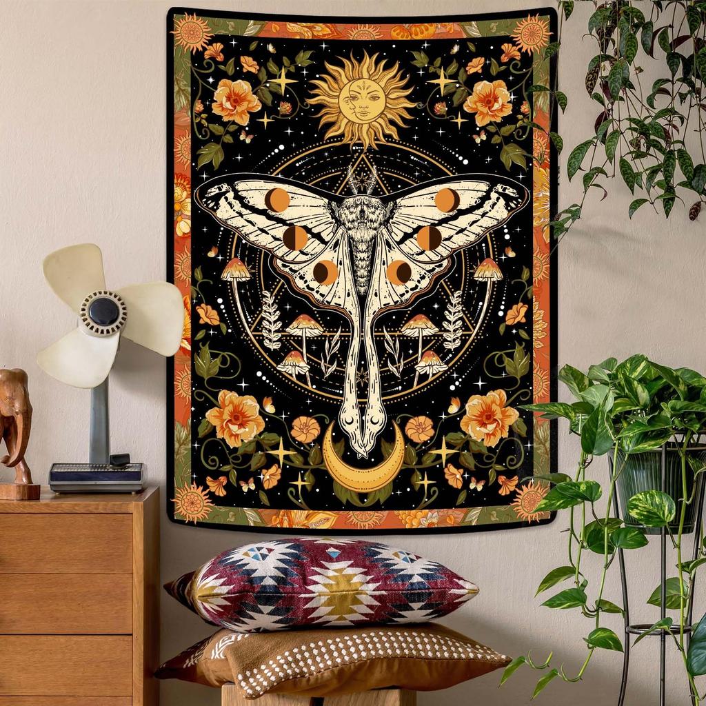 VIKAMA Retro Moth and Mandala Tapestry Aesthetics Bedroom Wall Decoration Living Room Dormitory Office Home Decor