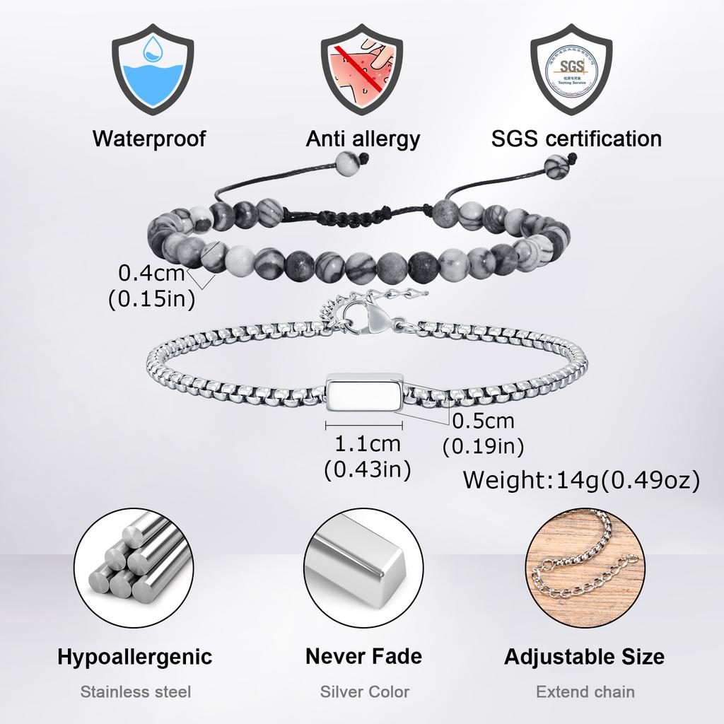 Vnox 2pcs/Set Adjustable Natural Stone Beads Bracelet Set with Stainless Steel Square Box Chain, Men's Casual Jewelry Set Gifts