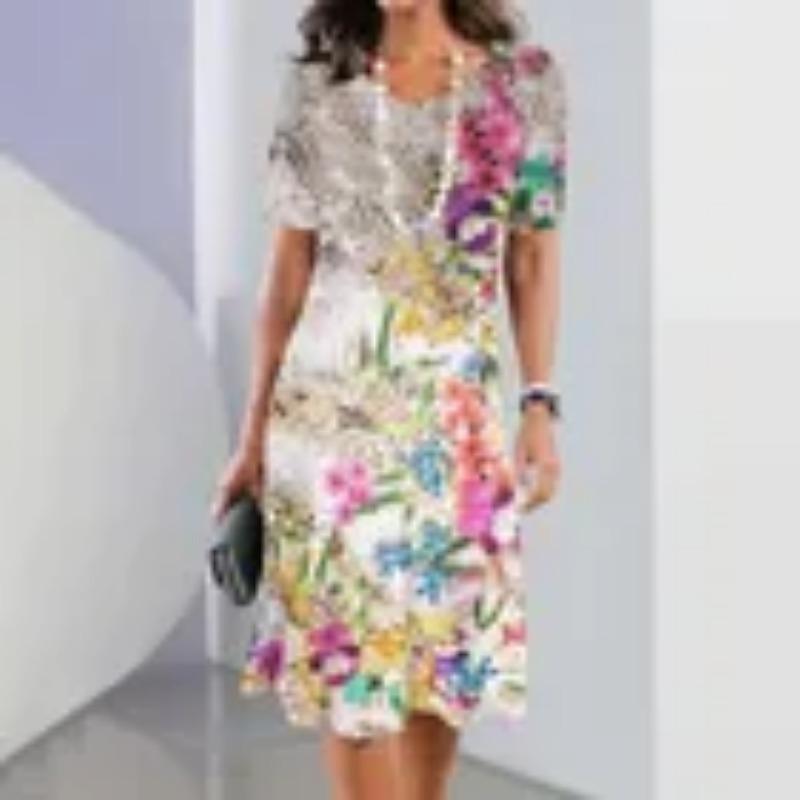 Women's Black and White Retro Geometric Circular Printed A-line Dress - Short Sleeved Round Neck Casual Mini Skirt