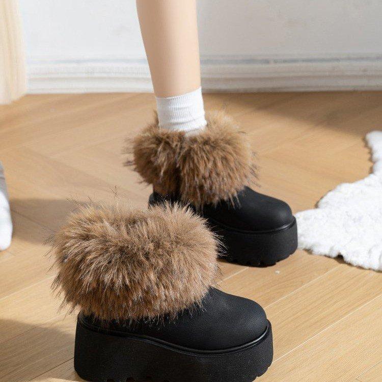 

Thick-soled small man height-increasing snow boots women s 2025 autumn new velvet warm raccoon hair Northeast large cotton boots 34
