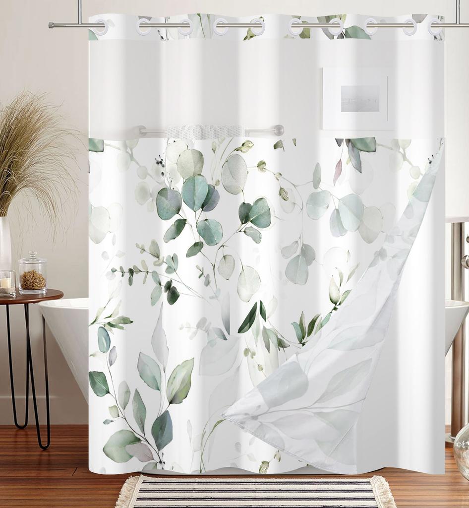Hookless Double Layer Shower Curtain Waterproof Removable Lined Leaves Plants Flower Modern Bathroom Decorative Shower Curtains