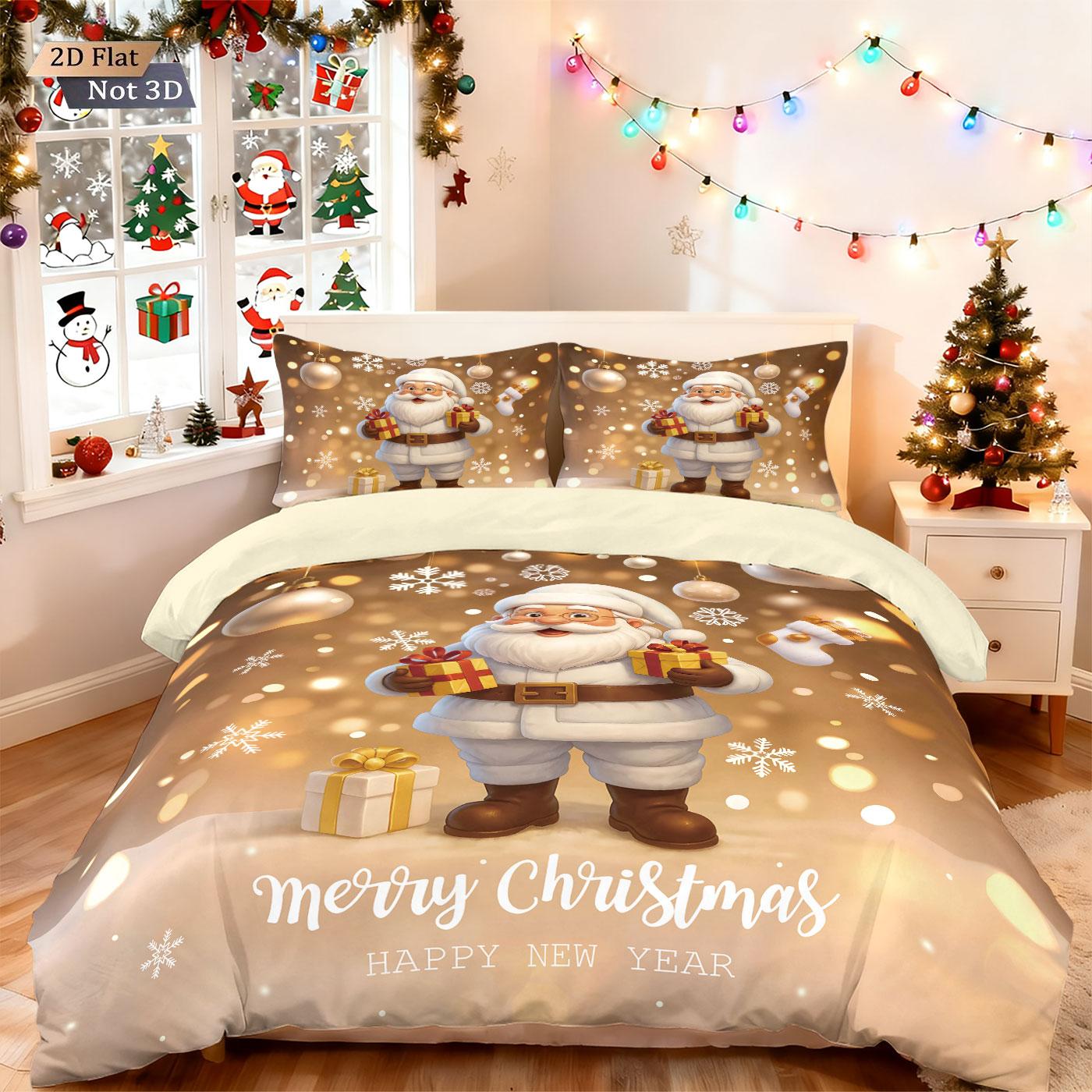 

3pcs Merry Christmas Santa Claus Gold Printed Quilt Set Multi Size Dormitory Bedding Holiday Decoration Machine Washable EU Single(135*200cm)3pcs