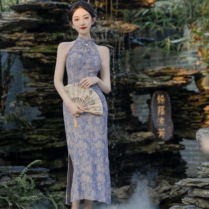 

Женское летнее жаккардовое платье Ципао без рукавов в китайском стиле, элегантное платье с застежкой на талию