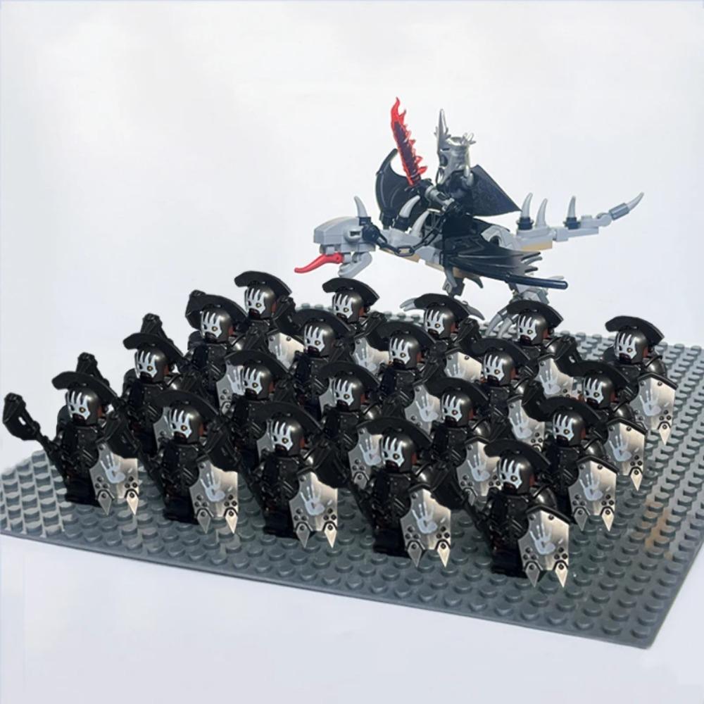 New 21Pcs Solider Uruk Hai Army Figrues King Angmar With Fell Beasts Shield Sword Bow Spear Weapons Kid Toys