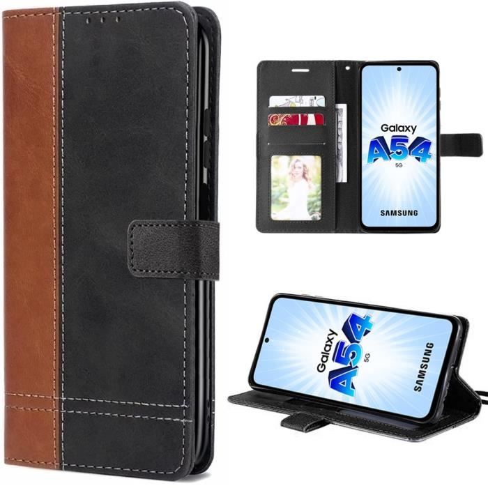Coque pour Samsung Galaxy A54 5G Protection en Cuir Synthétique Bicolore Anti-Rayures Marron-Noir