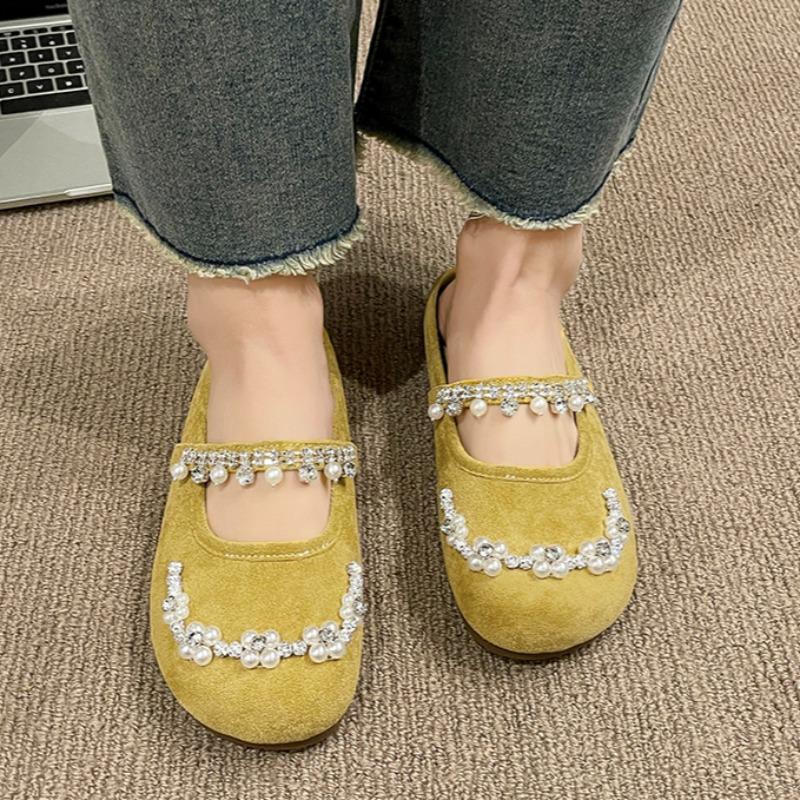 Mode Baotou Platte Schoenen Dames Mode Ronde Neus Lage Instap Fluwelen Strass Kralen Zachte Zool Antislip Pantoffels