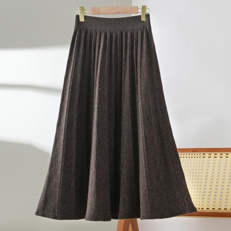 100% Pure Wool Women s Spring-Autumn Mid-Length High-Waisted Pleated A-Line Cashmere Knitted Umbrella Skirt Medium