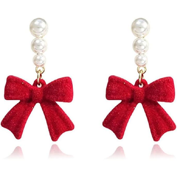 Christmas Bow Earrings for Women Trendy Pearl Red Ribbon Bow Stud Earrings Wedding Party Daily Jewelry Accessory Red Bow