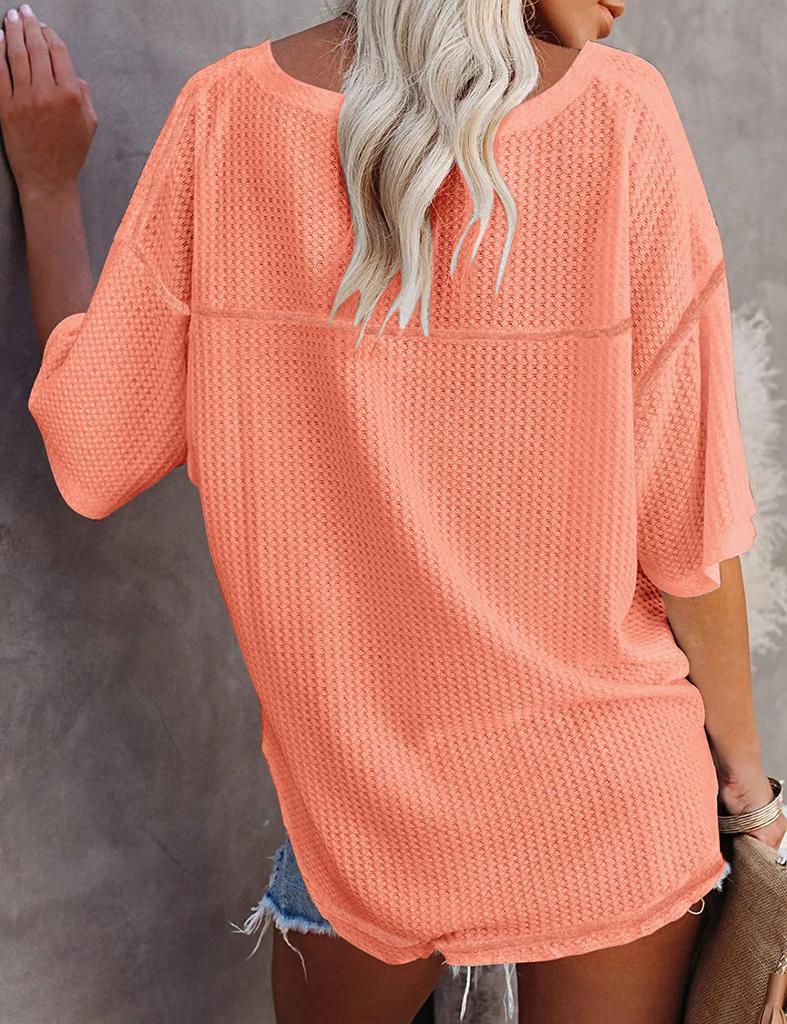 2024 Damen Sommer V-Ausschnitt Fledermausärmel Waffelstrick Kurzarm Locker T-Shirt Top