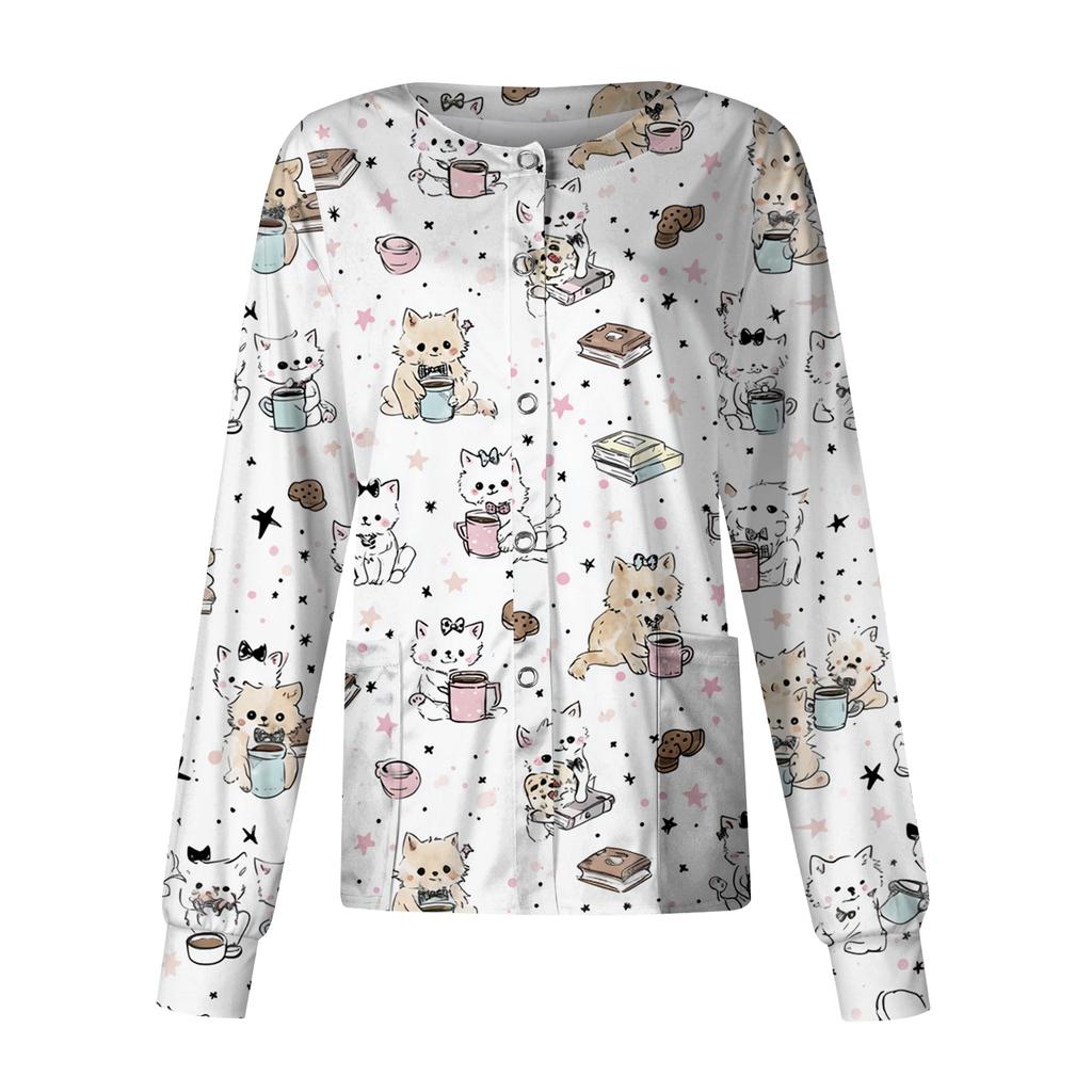 Women's Print Scrub Top - Long Sleeve Single Button Casual Uniform Top for Nurses, Caregivers, and