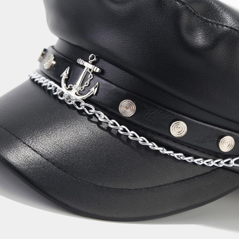 Teens Women Alloy Badge Berets Photography Military Hat Casual Newsboys Cap Adult Sailor Cap PU Hat for Carnival