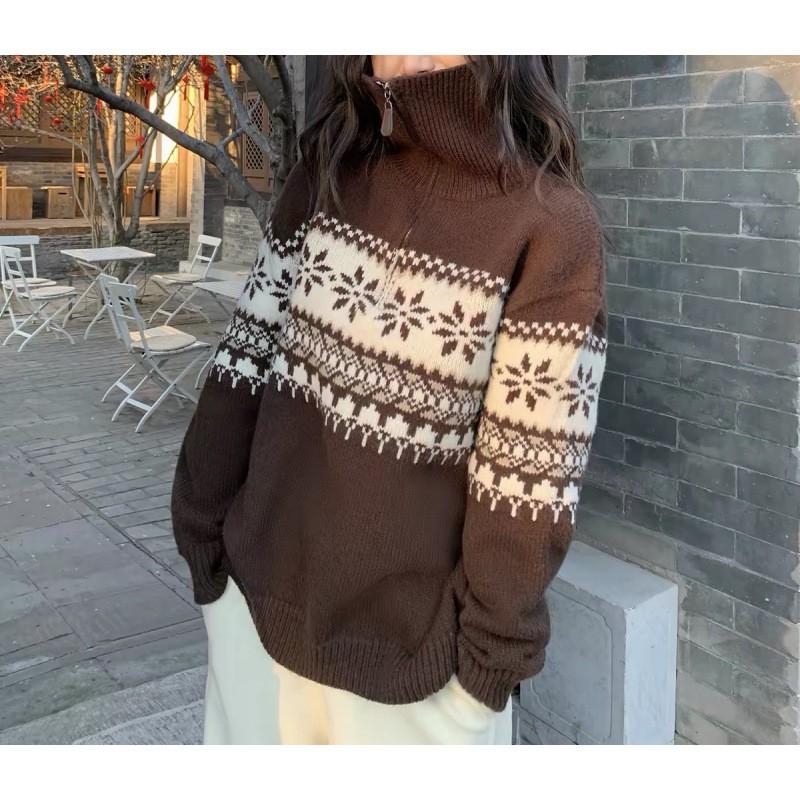 Womens Retro Fair Isle Knit Half-Zip Turtleneck Sweater Loose Oversized Winter Pullover