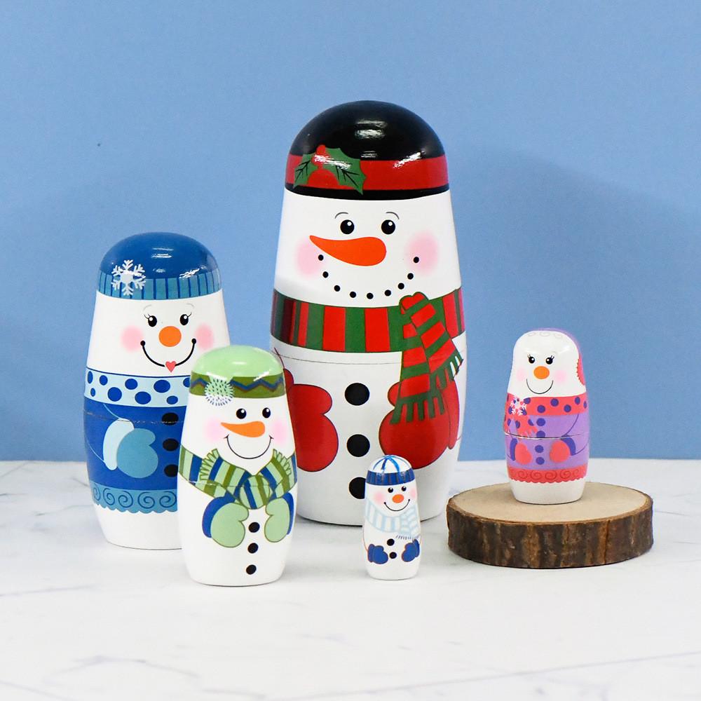 Matryoshka Wooden Snowman Doll Set Cartoon Home Decoration Christmas Toy Gifts