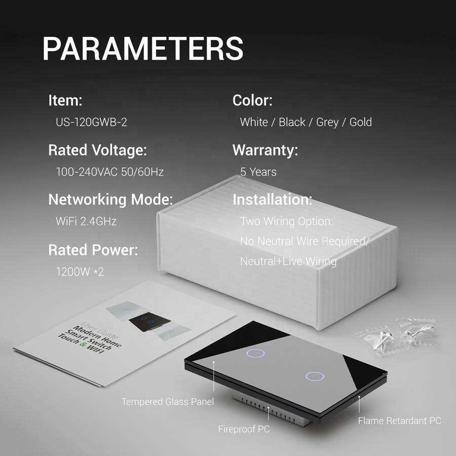Flush Mounted Double Smart Home Light Switch Black White Tempered Glass Wifi 2.4GHz Wall Switch Neutral Wire or Capacitor
