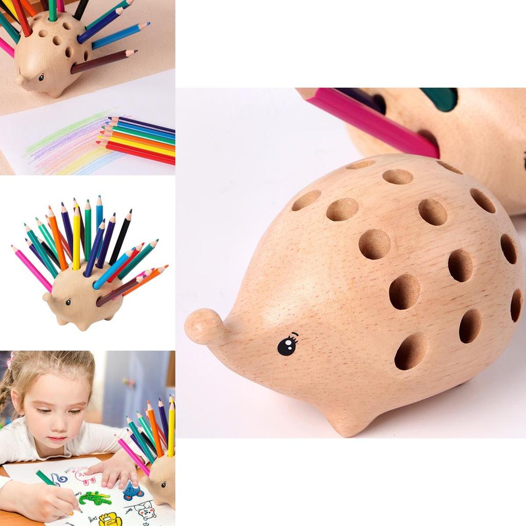 Wooden Hedgehog Pen Holder With 24 Colored Pencils For Desk Decor And Storage