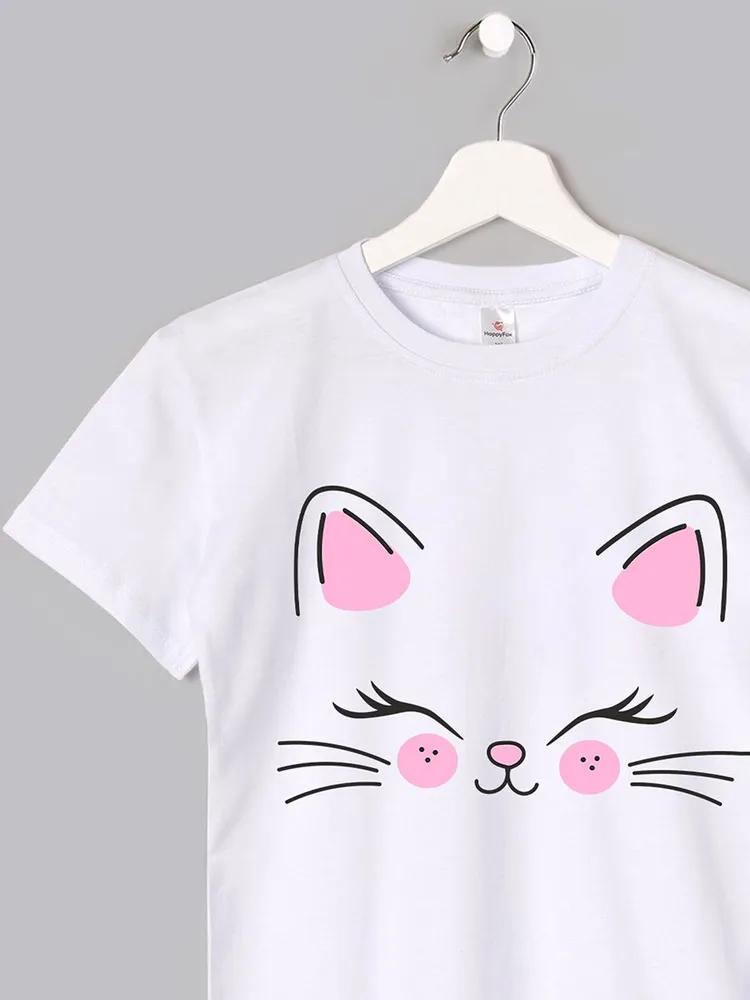 2026 Summer Girls Pure Cotton Round Neck Shortsleeved Fashionable Kitten Paw Print Tshirt Trendy Childrens Clothing 100