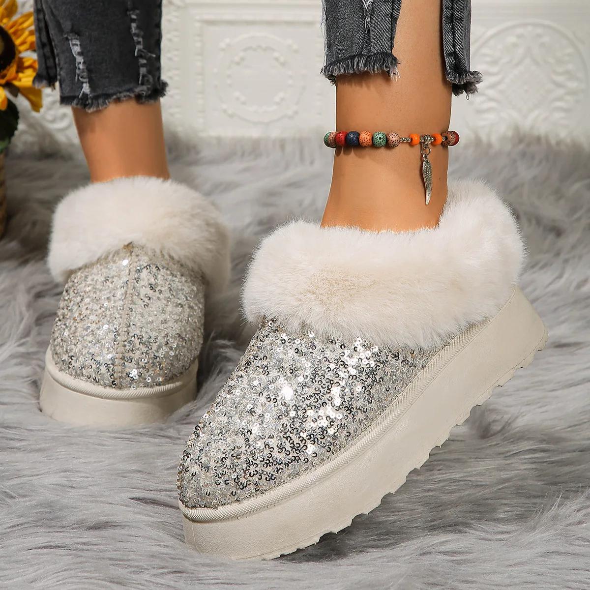 

Furry Cotton Shoes Padded Warm Snow Botas Women Non-slip Comfort Home Slippers Outdoor Flat Sequins Shoes Women Platform Boots 36 білий