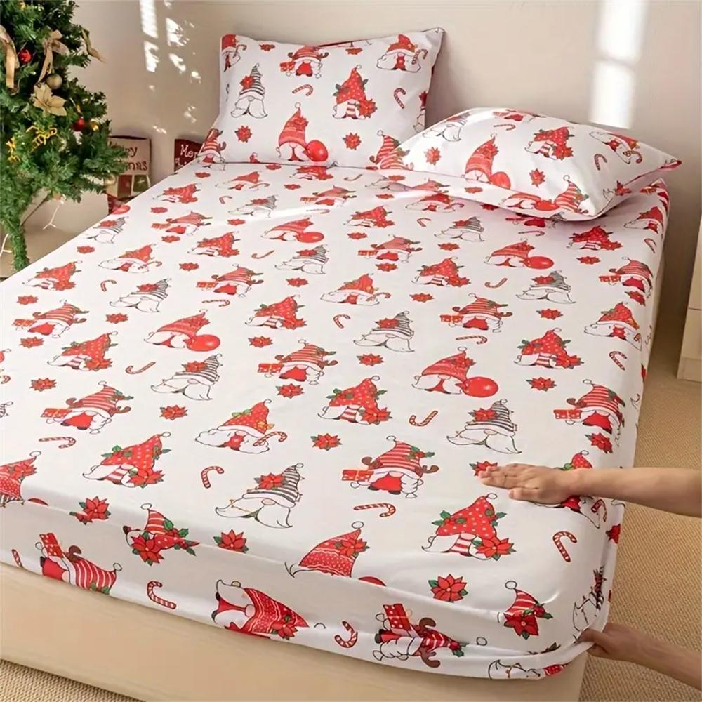 3 Pieces Festive Christmas Bed Sheet Set with White Background and Elderly Santa Hats - Includes Pillow Cases - Machine Washable