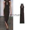 Autumn New Women's Clothing Hem Side Slit Decoration Three-Dimensional Flower Hanging Collar Sleeveless Dress 1131832