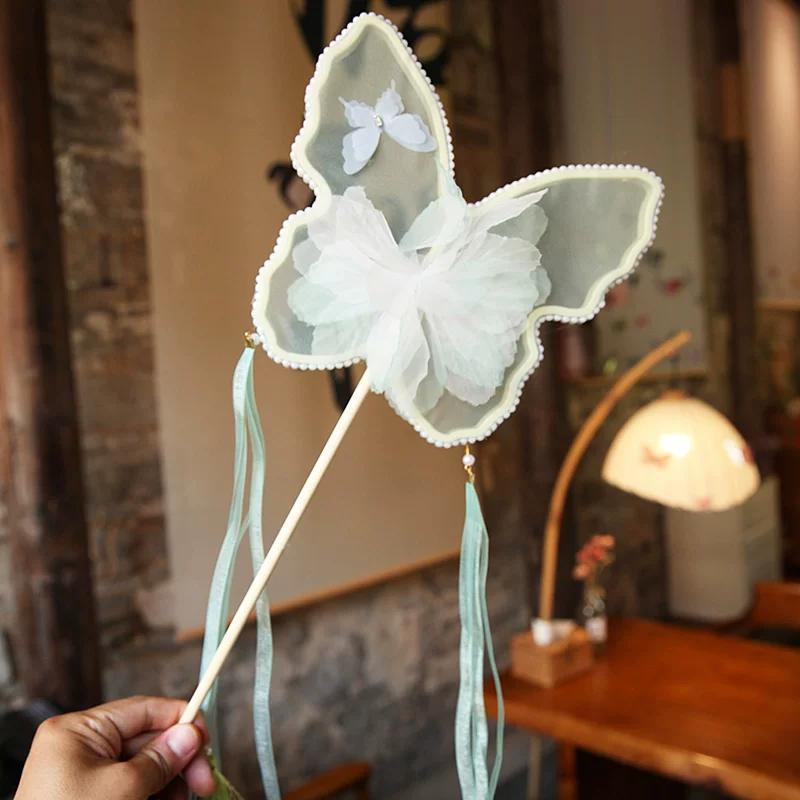 Butterfly Three-Dimensional Flower Mesh Circular Fan Retro Style Long Brush Holder Tassel Photography Dance Temple Fan Female