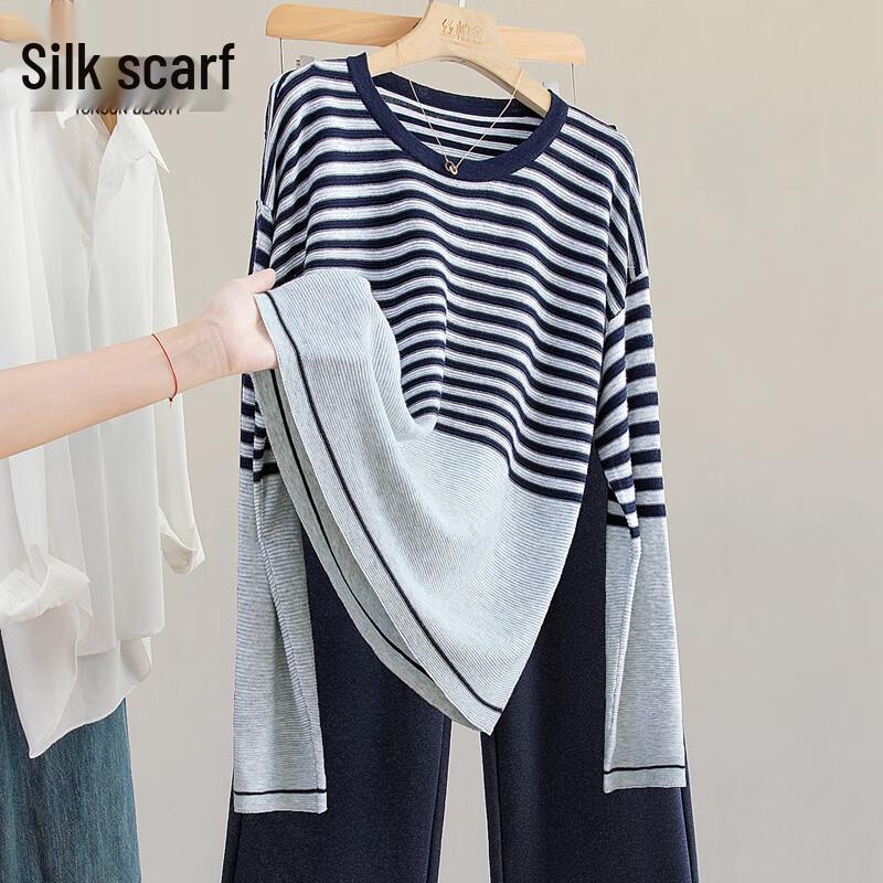 

Women s Striped Wool Blend Round Neck Knit Sweater One Size