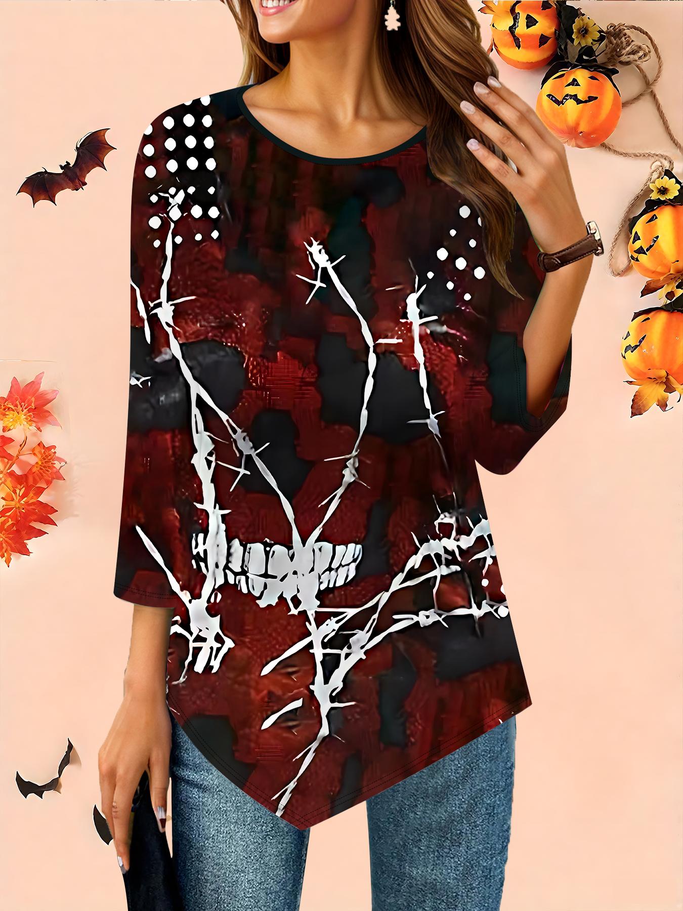 

Женская свободная футболка с круглым вырезом и рукавом три четверти, 3D-рисунок на Хэллоуин, идеальный подарок на Хэллоуин и Рождество 8XL красный