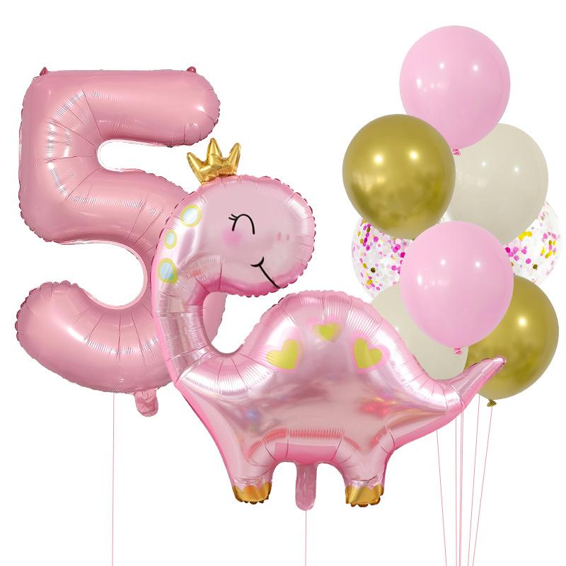 Cute Crown Pink Dinosaur Aluminum Film Balloon Set 32 Inch Pink Digital Girl First Birthday Party Decoration