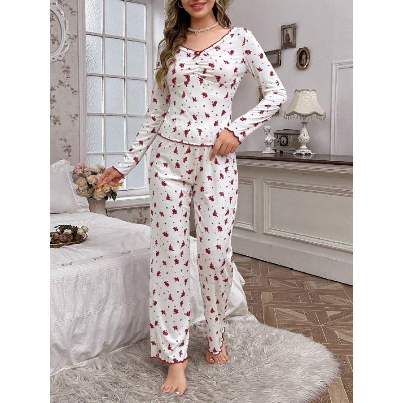 European American Style Sexy Casual Long Sleeve Long Pants Two Piece Pajama Set For Women
