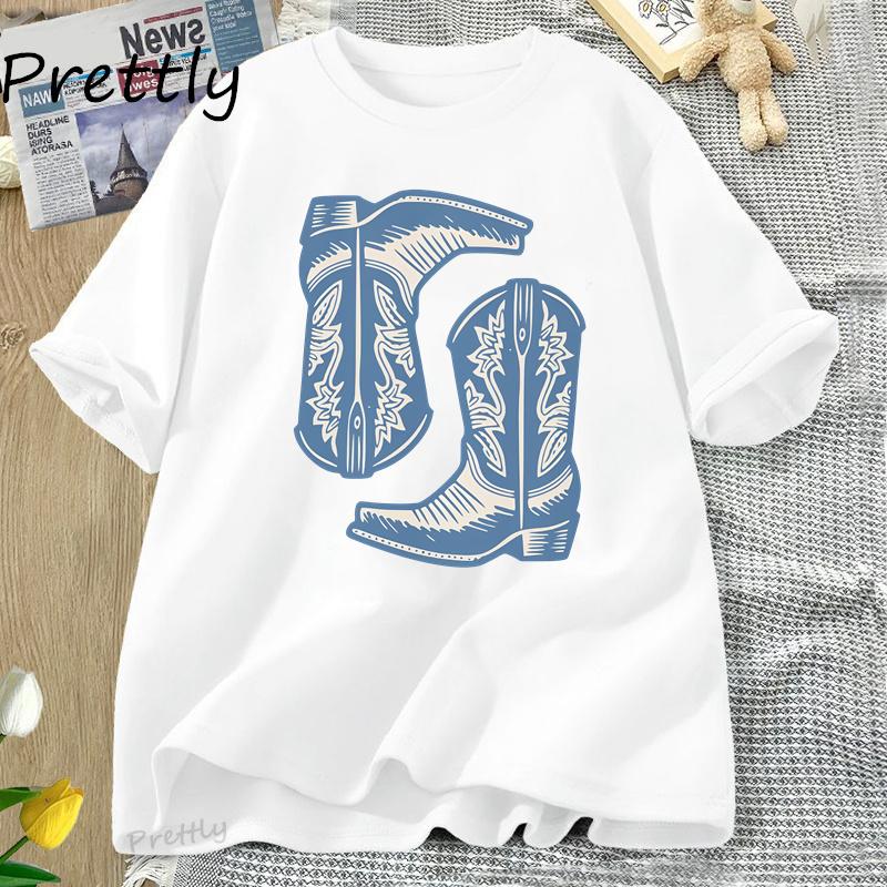 Vintage Western TShirts Cowboy Boots T Shirt Womens Western Cowgirl Trendy Graphic Tee Country Vintage Oversize Cotton Tees