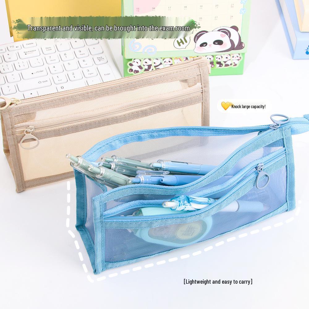 Morandi Transparent Mesh Double-Layer Pencil Bag: Large Capacity, Zipper, Perfect for Students