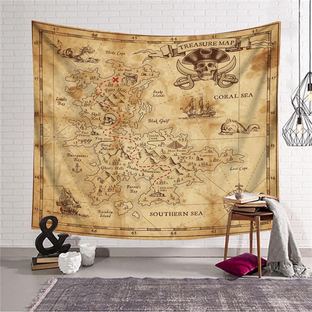 Pirate Treasure Map Decorative Tapestry for Home Room Decoration Background Cloth for Live Streaming Bed Head Tapestry