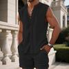 2Pcs/Set Men Summer Outfit Stand Collar Sleeveless Buttons Placket Shirt Tops Wide Leg Shorts Set Two-Piece Suit
