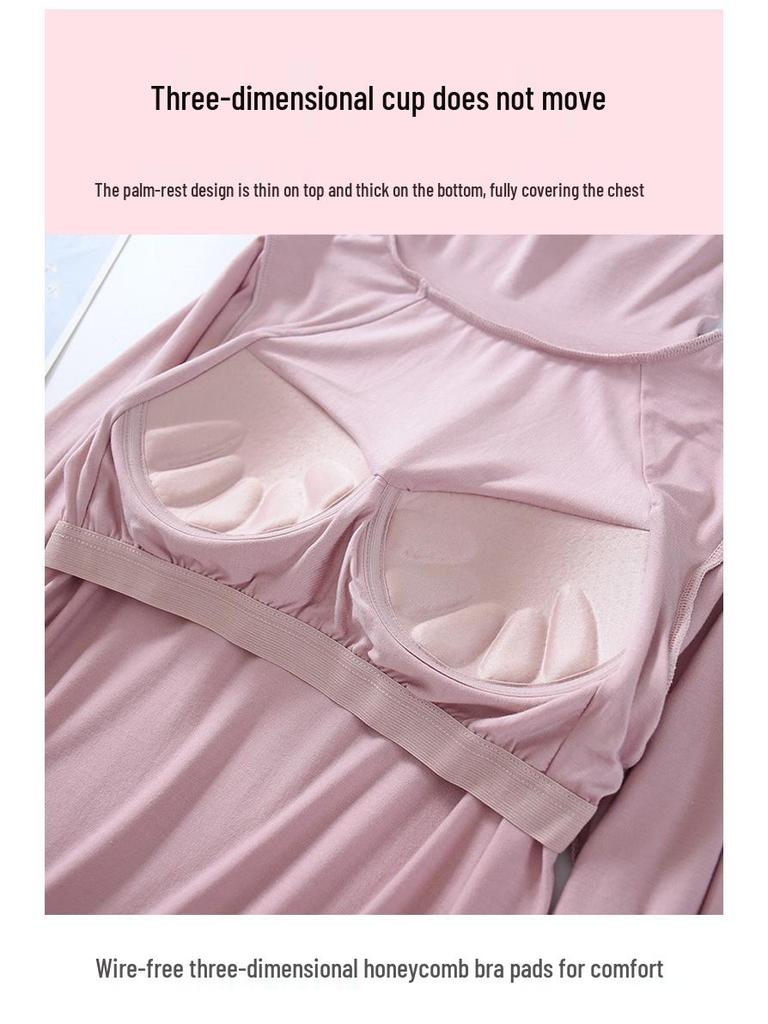 Modal Padded High Neck Long Sleeve Slimming T-Shirt with Built-in Bra for Women - Autumn/Spring.
