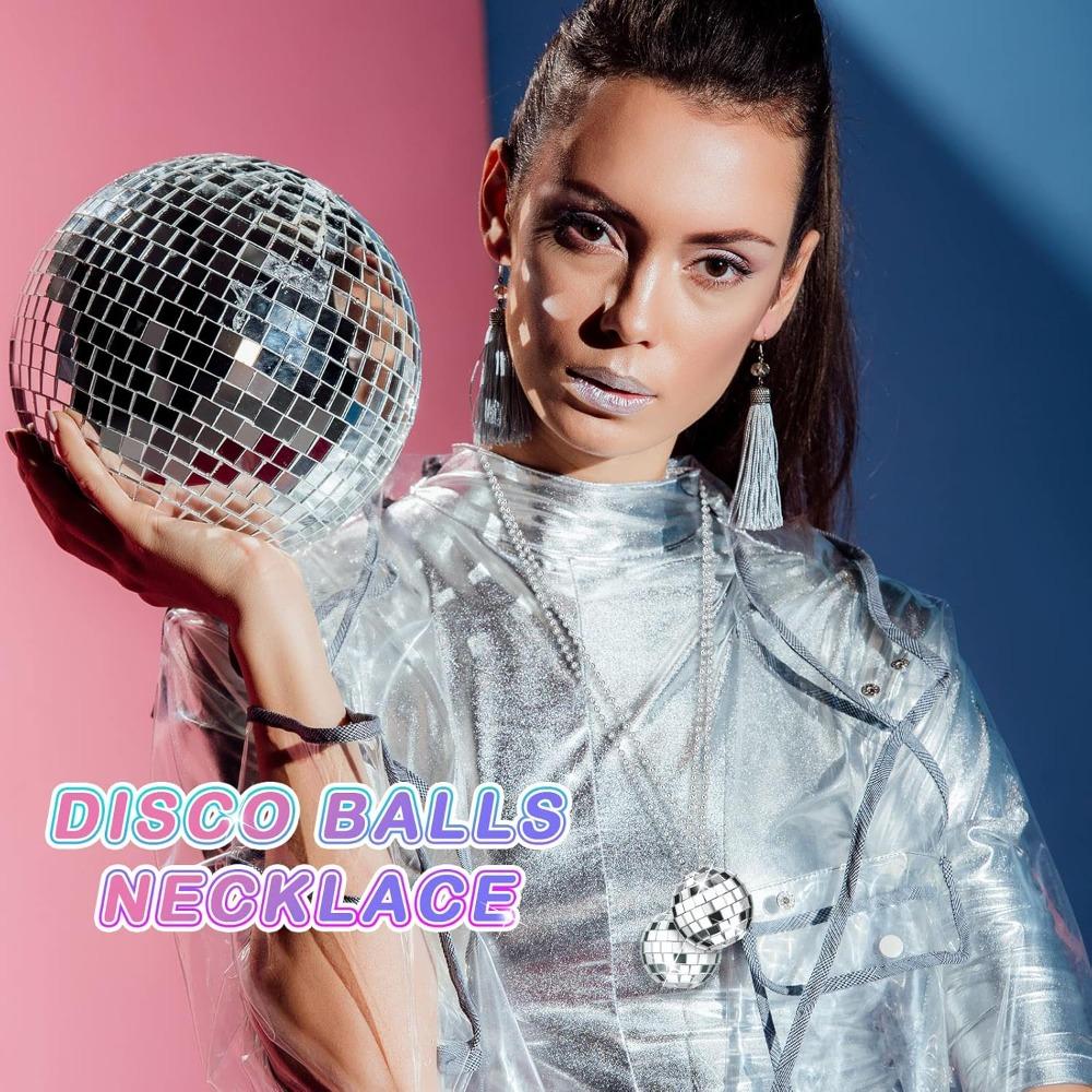 10pcs Mirror Disco Ball Costume Necklaces 70s Disco Party Necklaces for Home Decorations 1.57 Inches Stage Props Game Accessories Party Favor