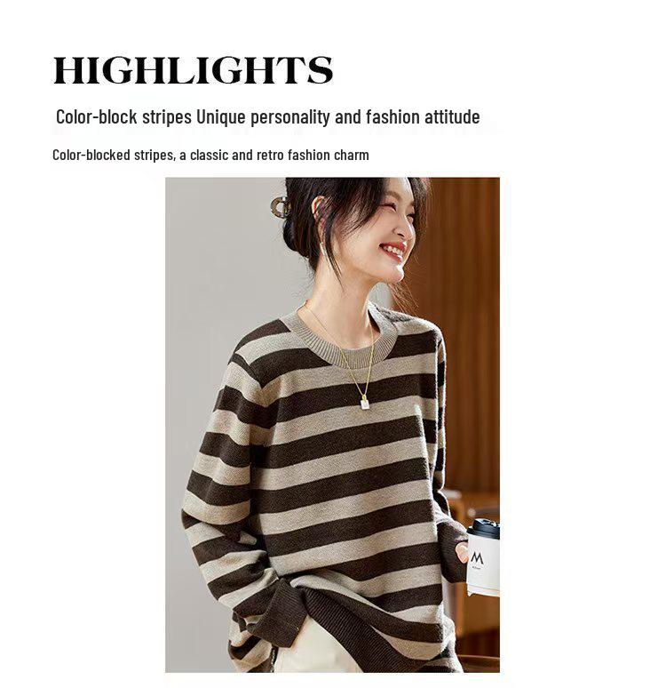 Dámský volný vlněný svetr s pruhy na podzim/zimu 2025 - Kulatý výstřih, rovná ramena, pohodlné pleteniny