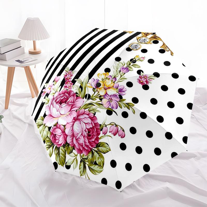

1pc Floral Ornament with Stripes and Polka Dots Umbrella with Plastic Handle,Compact & Stylish,Suitable for All Seasons ptys26028
