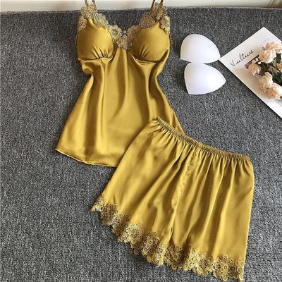 Spitze Sexy Frauen Pyjamas Sommer Eis Seide Mit Brust Pad Nachthemd Shorts Zwei-stück Set Nachtwäsche
