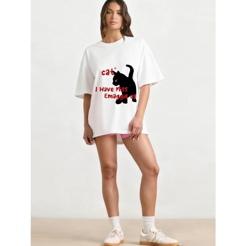 Oversized T-Shirt Black Cat Graphic Print I Have Miss Emaggie CF Statement Design Casual Streetwear Fashion Top Women Summer Outfit