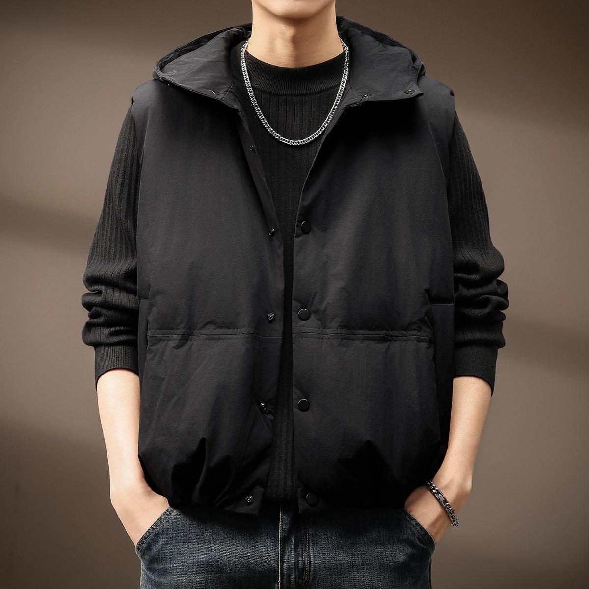

2025 Men s Trendy Hooded Sleeveless Down Vest - Warm & Casual Winter Jacket 3XL (fits 160-180 jin) чорний