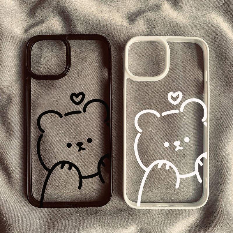 Cartoon Minimalist Bear Phone Case For iPhone 16 15 14 Pro MAX 12 13 12 XS SE2 XR 7 8Plus Cute Line Animal Hard Clear Cover Capa