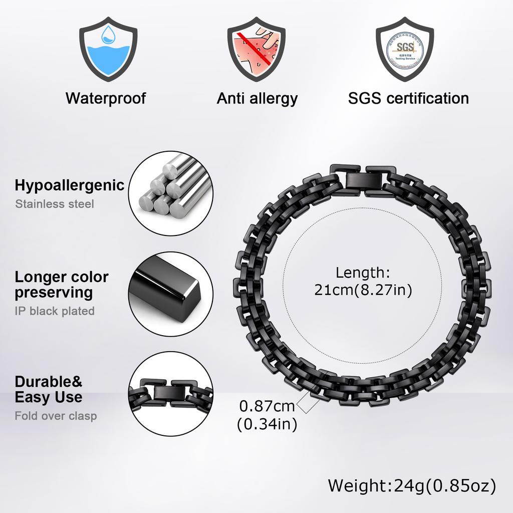 Vnox 8.7mm Stainless Steel Strap Chain Bracelet for Men, Adjustable Jewelry Clasp Wristband, Punk Style Gifts for Birthday Party