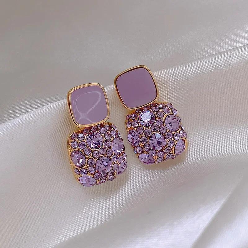 Purple Earrings Female Exquisite Fashion Stud Earrings Retro Temperament High-quality Square Diamond-encrusted Earrings