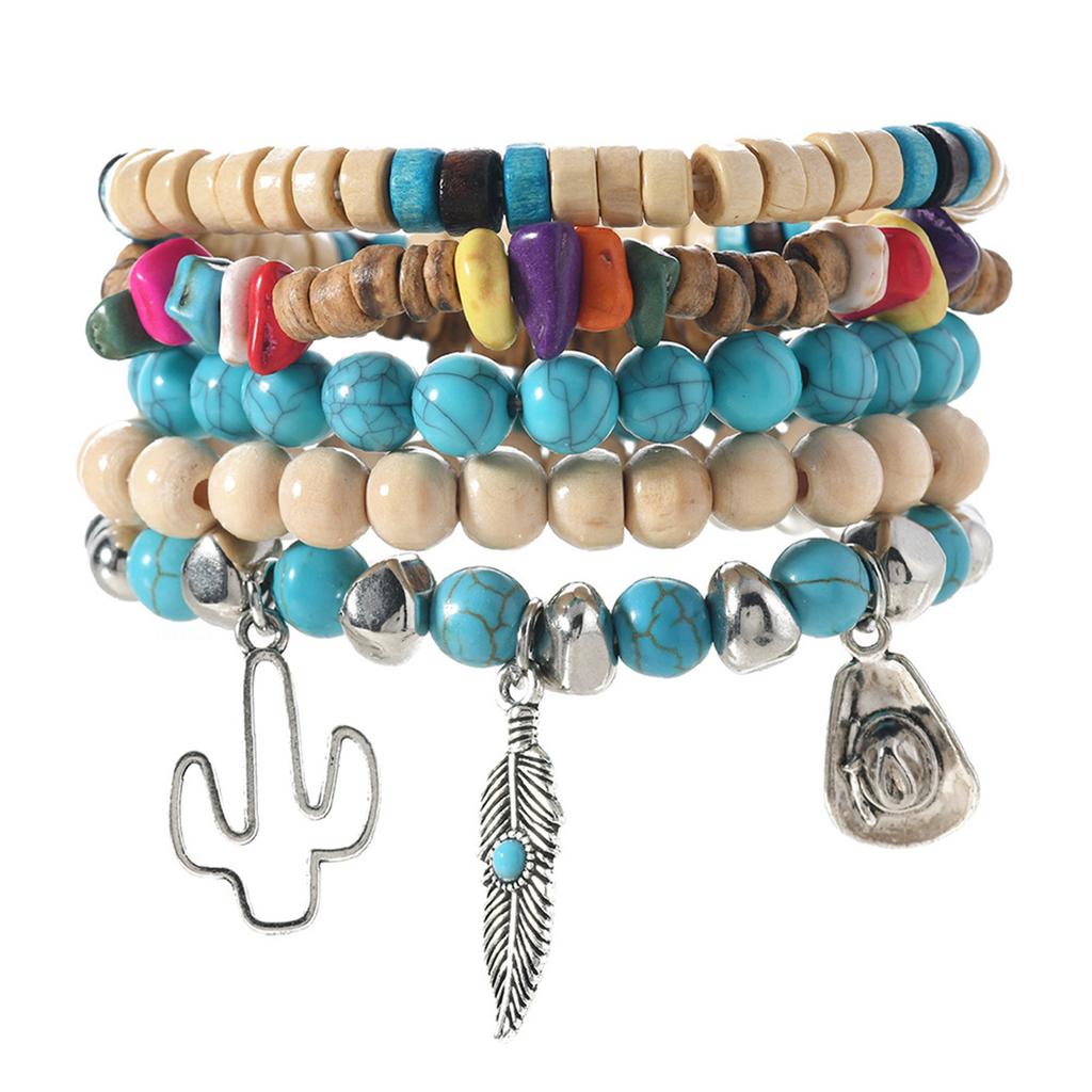 Lightweight Wooden Bead And Turquoise Handmade Bracelet For Casual Wear Bohemian Accessory for Women Girls
