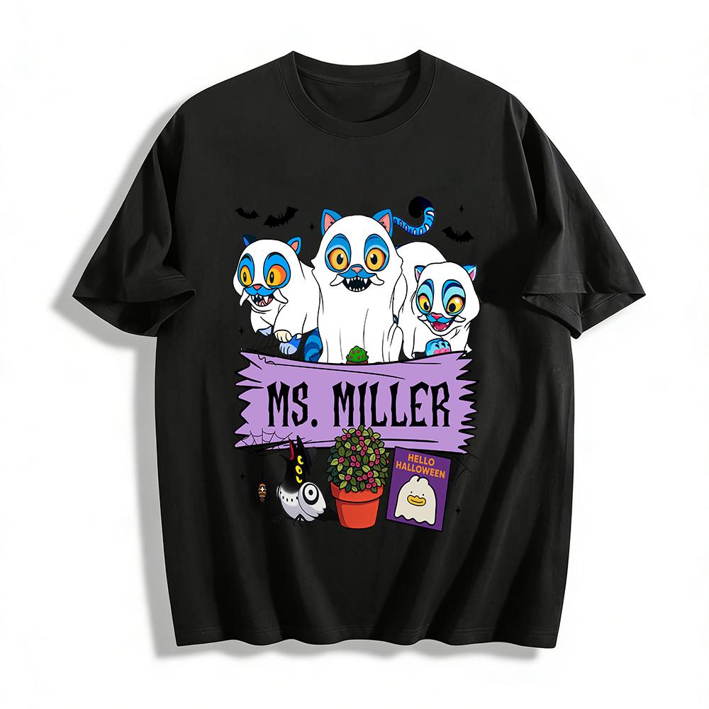 

Halloween Ms.Miller Ghost Cat Print T-shirt Spooky Bat Spider Graphic Tee For Holiday Party Pure cotton T-shirt XXS