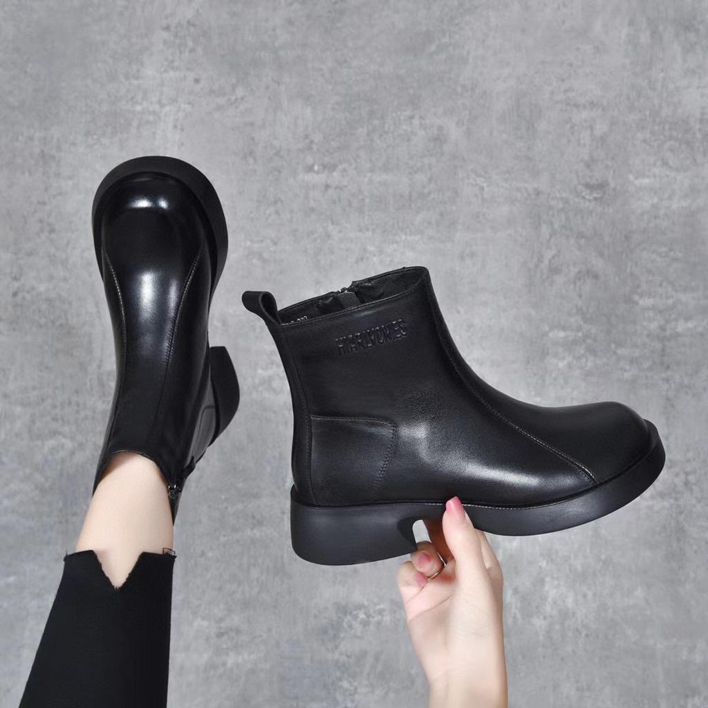 Martin Boots Women's Boots Autumn and Winter New Round Head Flat Bottom Short Boots First Layer Cowhide Casual Leather Boots Simple Big Boots